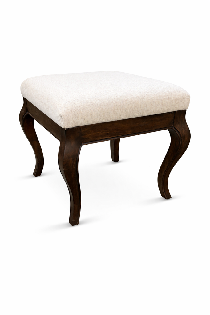 Sand Linen Upholstered Fabric Stool with Decorative Wood Legs in Dark Coffee  color 
