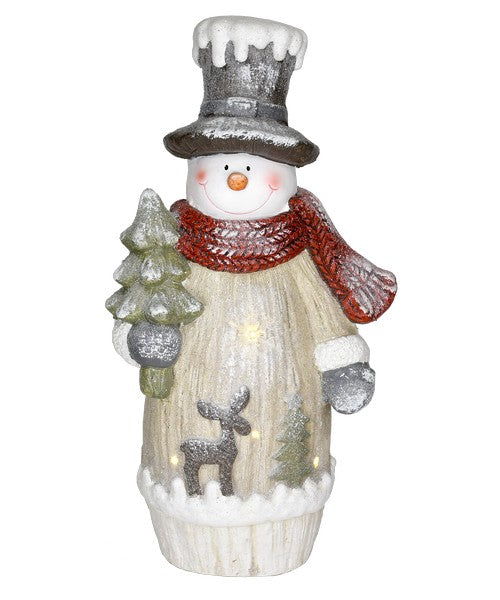 Our Snowman With Christmas Tree LED Door Greeter Statuary will bring festive fun and illumination this winter and Christmas. He looks amazing near any door, indoors or out–wherever there's a covered spot or near the Christmas tree. Crafted with synthetic resin for lasting quality, the snowman stands 20” tall x 6.50” deep x 8.50” wide. Flip the switch on the bottom to power the 3 AA batteries (not included).