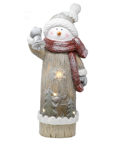 Our Snowman Ringing Bell LED Door Greeter Statuary will bring festive fun and illumination this winter and Christmas. He looks amazing near any door, indoors or out–wherever there's a covered spot or near the Christmas tree. Crafted with synthetic resin for lasting quality, the snowman stands 20” tall x 6.50” deep x 8.50” wide. Flip the switch on the bottom to power the 3 AA batteries (not included).