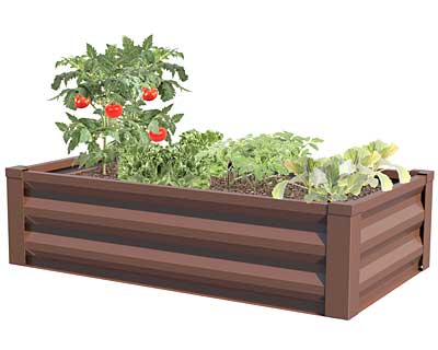 Our brown Steel Raised Garden Bed Planters are available in 4 colors . This rectangular, steel unit allows you to create a container garden on a deck or patio in moments, for growing space virtually anywhere. The four hardy, steel panels connect together without any hardware, thanks to their integrated keyhole locking mechanisms.  Size is: 47"L x 26"W x 12.5"H