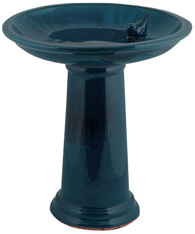 Our Teal Blue High Gloss Ceramic Birdbath Set will add luster and shine to your garden and provide birds fresh water to helps them thrive for both drinking and preening. This locking top system will ensure that your top will not get knocked off the flared bottom sturdy base. Inside of the bowl is an adorable ceramic bird figure, which will add a bit of whimsy and allow birds to sit on top while looking for a safe place to drink and bathe.