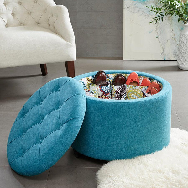 Our Teal Blue Tufted Top Shoe Storage Footstool Ottoman is the perfect addition to any room and the ideal spot to store your favorite kicks. Crafted with a solid wood frame and birch wood legs finished in a chic black noir, it's sure to turn heads.