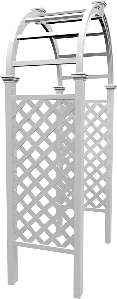 Side view: Our Vienna’s Garden White Vinyl Arbor is 91.5” tall and will create a beautiful and classic theme in your garden. . A significant arch tops this arbor, accented by horizontal supports. Each side panel adds to the theme with a horizontal support that arcs downward. Additional vertical supports on each panel bring more detail to this piece. Trim at the top of each leg completes the look.  Size is 49"W x 24"D x 91.5"H.