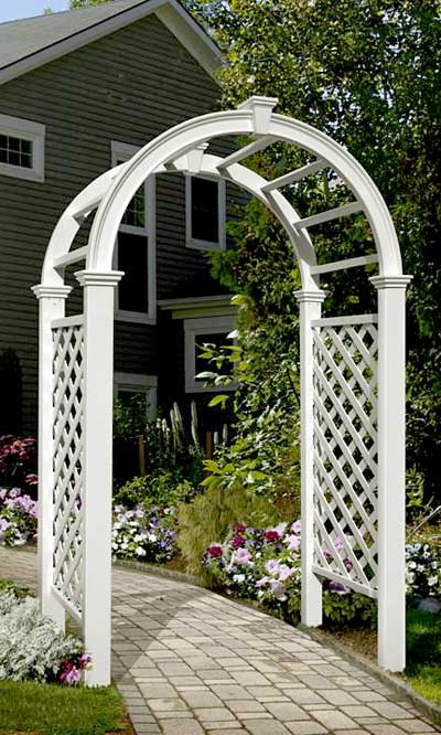 Our Vienna’s Garden White Vinyl Arbor is 91.5” tall and will create a beautiful and classic theme in your garden. . A significant arch tops this arbor, accented by horizontal supports. Each side panel adds to the theme with a horizontal support that arcs downward. Additional vertical supports on each panel bring more detail to this piece. Trim at the top of each leg completes the look.  Size is 49"W x 24"D x 91.5"H.