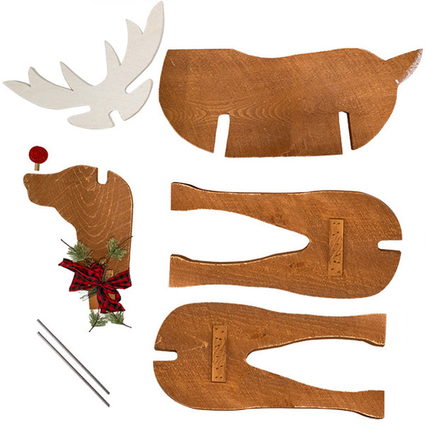 Our Handcrafted Wooden Reindeer Statue has been handcrafted here in the USA of precision cut wood and easily assembles like a wooden puzzle. This interlocking reindeer is sure to become a beloved Christmas character year after year. Size is 32"L x 19.75"W x 51"H and weighs 19 pounds once assembled. Shown cut out pieces to assemble.