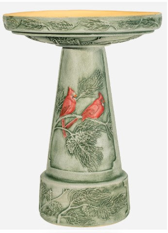 Our Winter Cardinal Handcrafted Clay Birdbath Set is beautifully handcrafted and painted in the USA