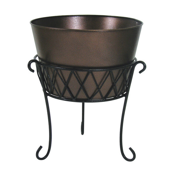 Our Wrought Iron Plant Stand With Bronze Metal Potting Tub features a weather resistant black powder coated finish stand and bronze pot is made of heavy duty metal and finished in a beautiful bronze color that makes these two colors of black and bronze jut pop anywhere you want to add it. It can be used as a planter or beverage tub.  
