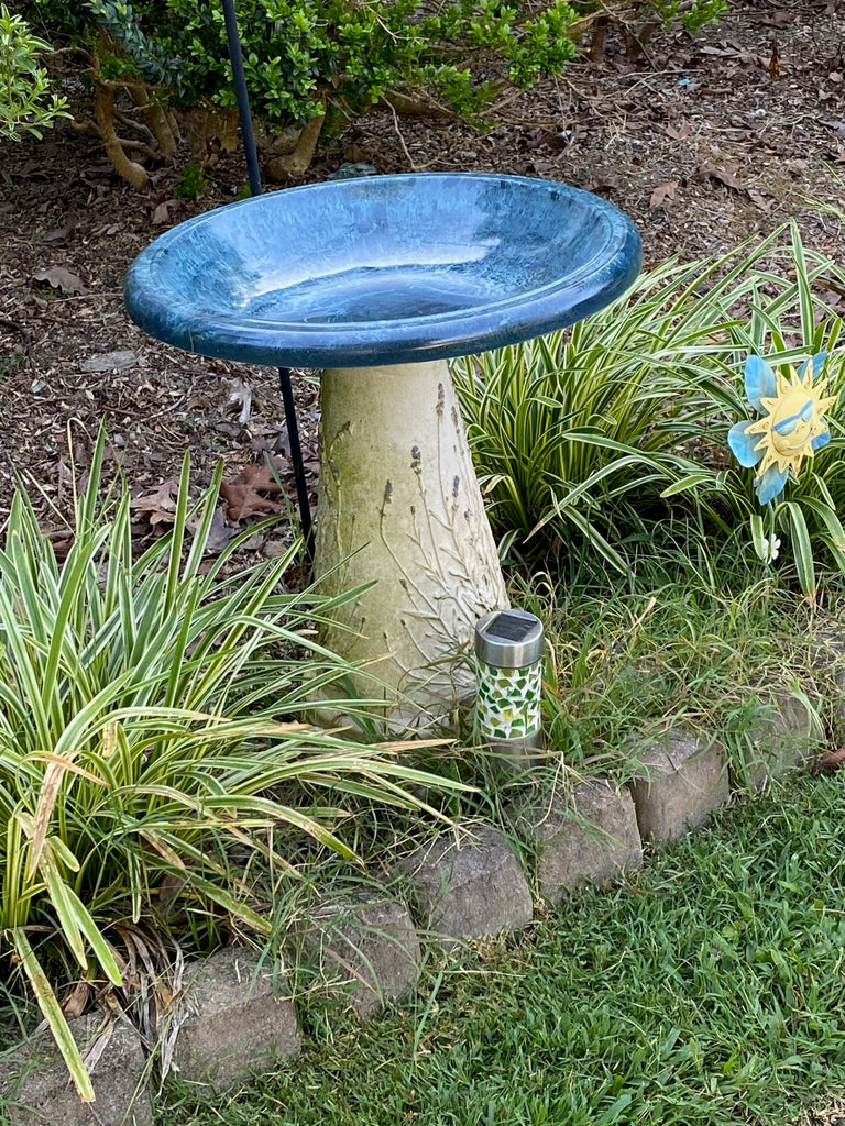 Azure Navy Blue Fiber Clay Replacement Birdbath Top on a customers own base. inthegardenandmore.com