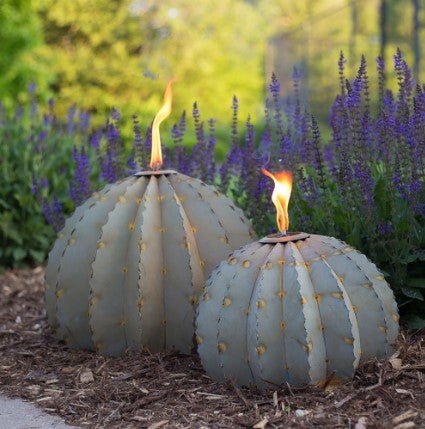 Barrel Cactus Metal Tiki Torch Yard Art Sculpture, Set of 2