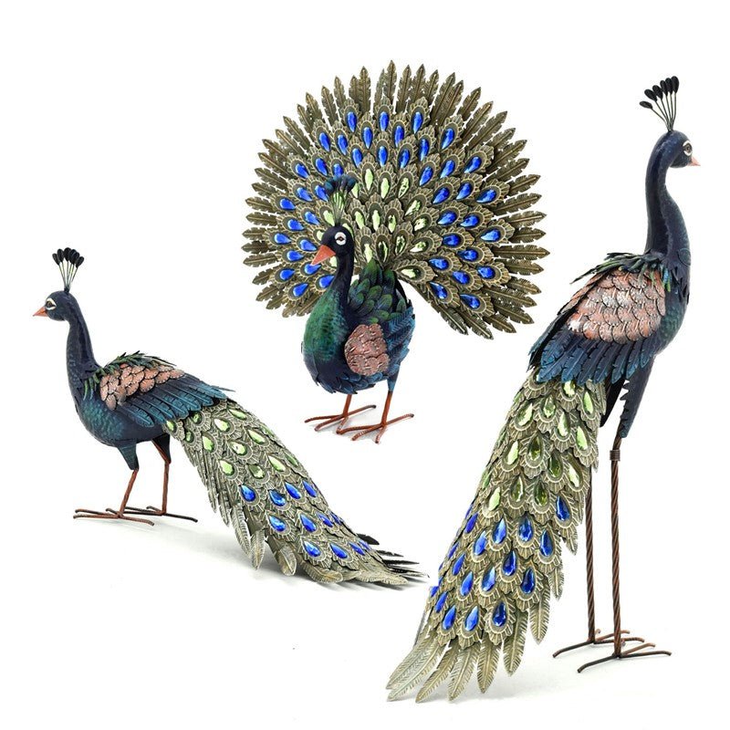 Bejeweled Peacock Bird Statuary for Garden (Set of 3)