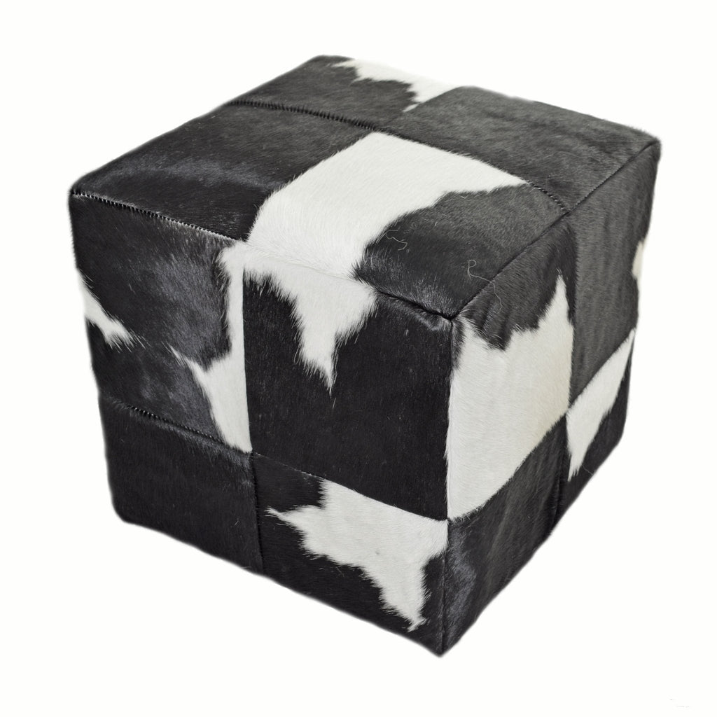 Black and White Cloudy Cowhide Cube Pouf Stool Ottoman - inthegardenandmore.com