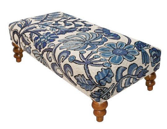 Blooming In Blue Handcrafted Hooked Wool Bench - inthegardenandmore.com