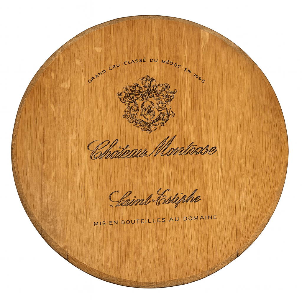 Chateau Montrose Original Winemakers Stamp Reclaimed Wine Barrel Head Lazy Susan - inthegardenandmore.com