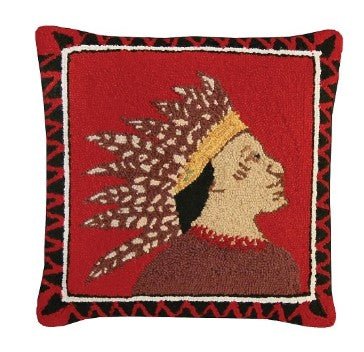 Handcrafted 18” Hooked Wool Pillow – Indian Scout Folk Art Décor - inthegardenandmore.com