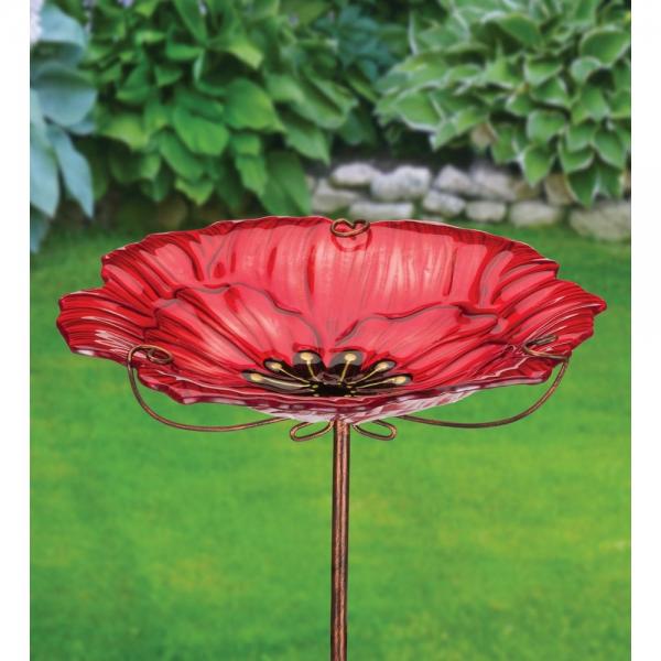 Red Poppy Garden Stake Birdbath or Bird Feeder - inthegardenandmore.com