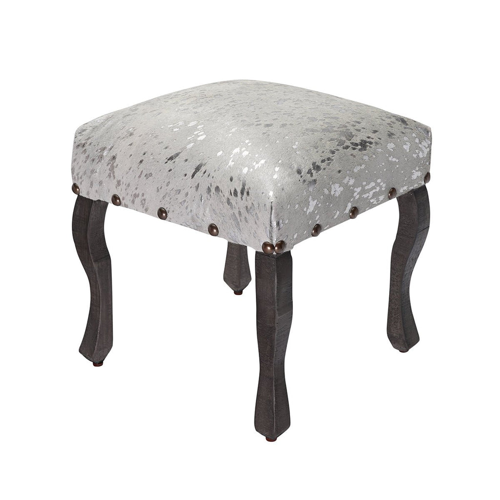 Silver Acid Washed Upholstered Cowhide Stool - inthegardenandmore.com
