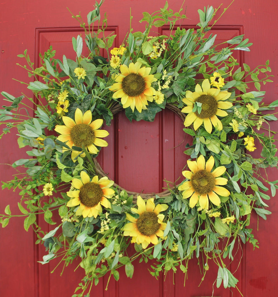 Sunsational Sunflowers Wispy Silk Front Door Wreath – 22” - inthegardenandmore.com