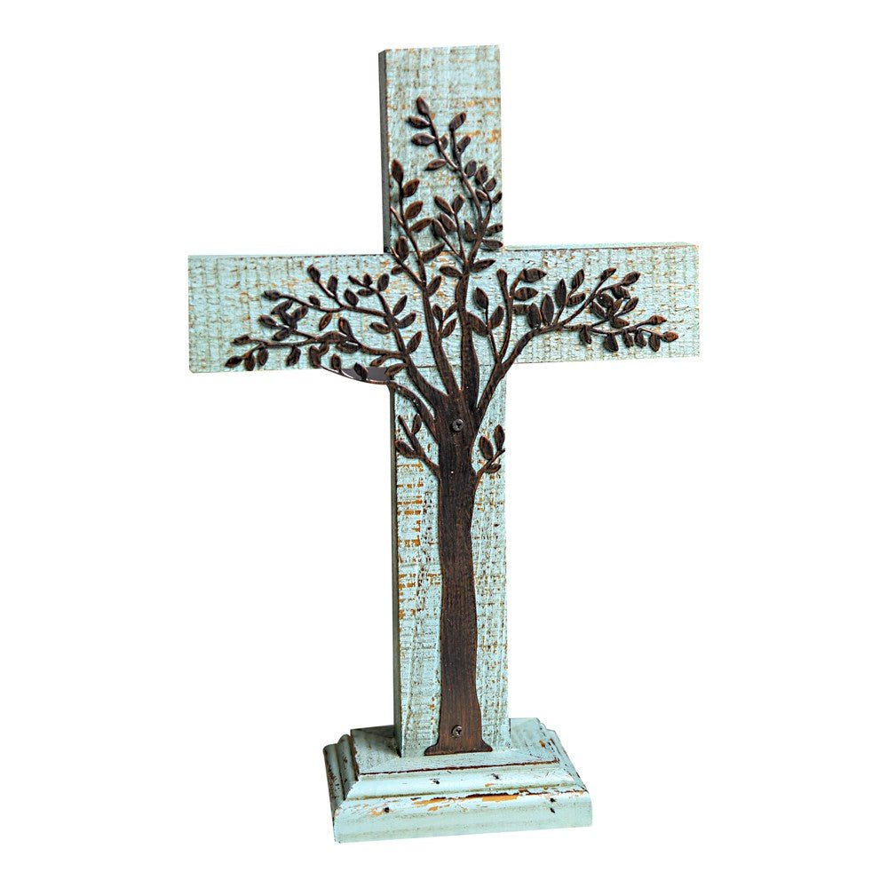 Tabletop Inspirational Metal Tree on Wood Cross - inthegardenandmore.com