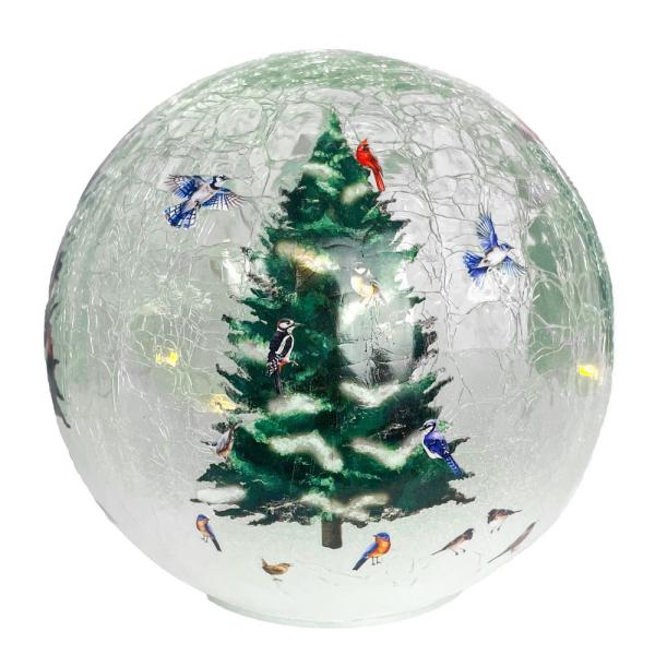 Wintertime Birds on a Tree LED Lighted Crackle Glass Globe Lantern - inthegardenandmore.com
