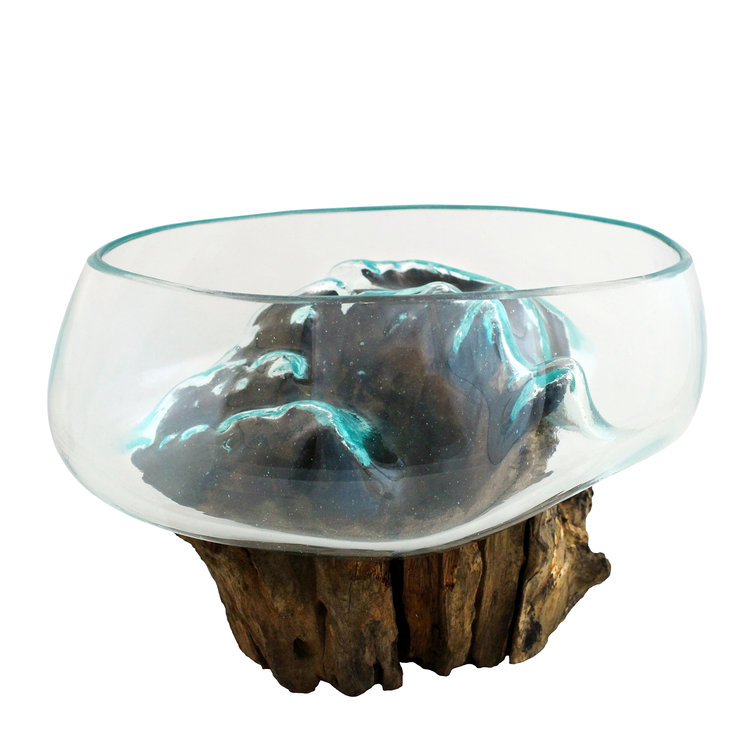 Mini Hand Blown Molten Glass and Wood Root Sculptured Succulent Bowl Terrarium (6”x6”)