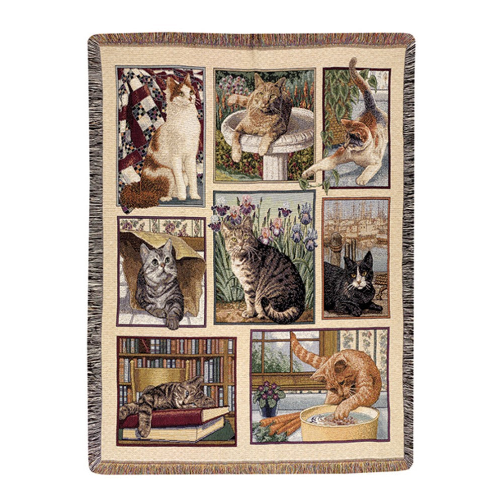 Our A Kitty in Every Corner Tapestry Throw has been proudly made and woven in the USA. This heirloom-quality throw will add an abundance of charm to your home!. It features many types of adorable kitties in different poses. It is a great piece to keep in your living room as a throw blanket for your sofa, or as an extra blanket on your bed. This thick and versatile throw has been textile woven from 100% cotton, making it soft and functional as a blanket, bedspread, or wall hanging. Size is 47" x 60".