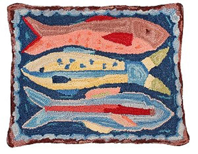 Our 18"x 20" A School of Fish hooked wool pillow features bright nautically inspired colors
