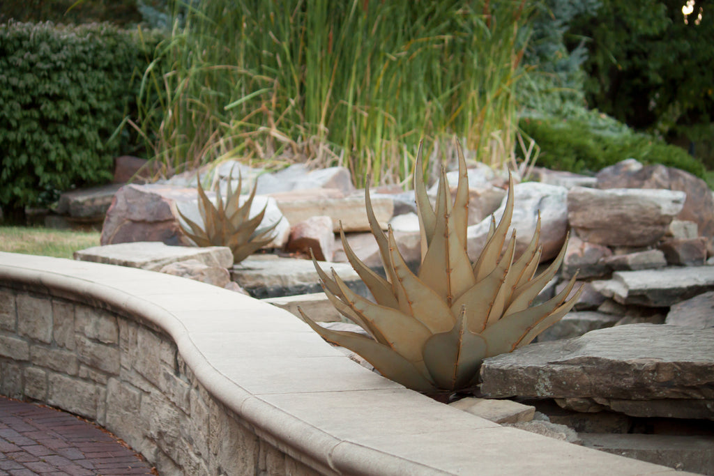 Our Agave Sharkskin Succulent Metal Yard Art Sculpture, large and small together, looks beautiful nestled into rocks