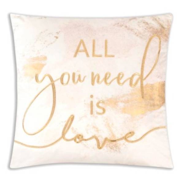 Our All You Need Is Love, Embellished Ivory Velvet with Gold Word Throw Pillow is 20” square and has been digitally printed in a cowhide pattern with gold embroidered thread with the words Let’s Get Cozy.