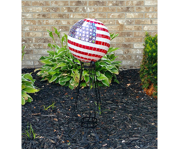 Our Americana Handcrafted Mosaic Glass Gazing Globe is 10” in diameter and it will add color and your Patriotic spirit each and every season.  