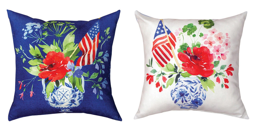 Our 18” in diameter America the Beautiful Patriotic Reversible Indoor Outdoor Pillows are made in the USA quality made weather resistant fabric, durable stitching and vivid colors that will add color and coziness to your home. They come as a set of two so you can display the beauty of each side and gives you the option of turning each one to a different side to create the perfect addition to any living room, bedroom, patio, or porch.