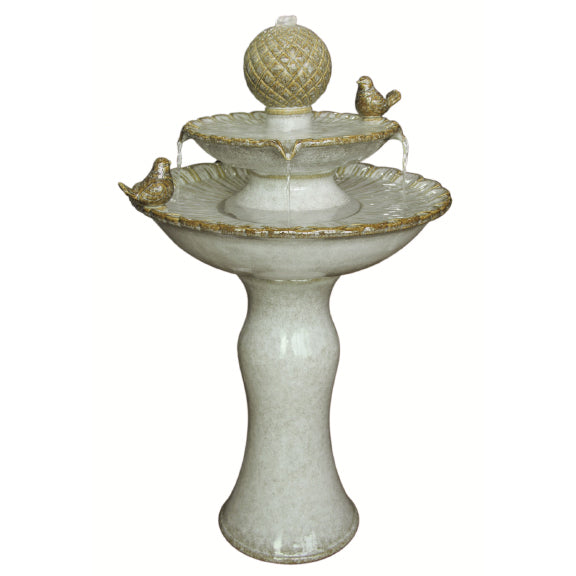 Our Antique White Ceramic Birdbath Fountain is a combination birdbath and fountain will give you great options to provide the tranquil sound of water and to replenish birds that need a respite and water at the same time. It features two birds and a finial on top to add charm and character to the design. Water will beautifully cascade down to two bowls below. Overall size is 15.75 deep x 26.5 high.
