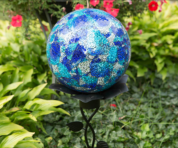 Our Aqua Blue Handcrafted Mosaic Glass Gazing Globe is 10” in diameter and will add color and showcase you’re your love for colorful garden decor each and every season