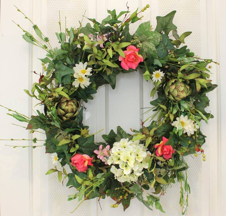 This beautiful Artichoke, Hydrangea and Roses Silk Front Door Wreath – 22” can be used season after season and features lots of color