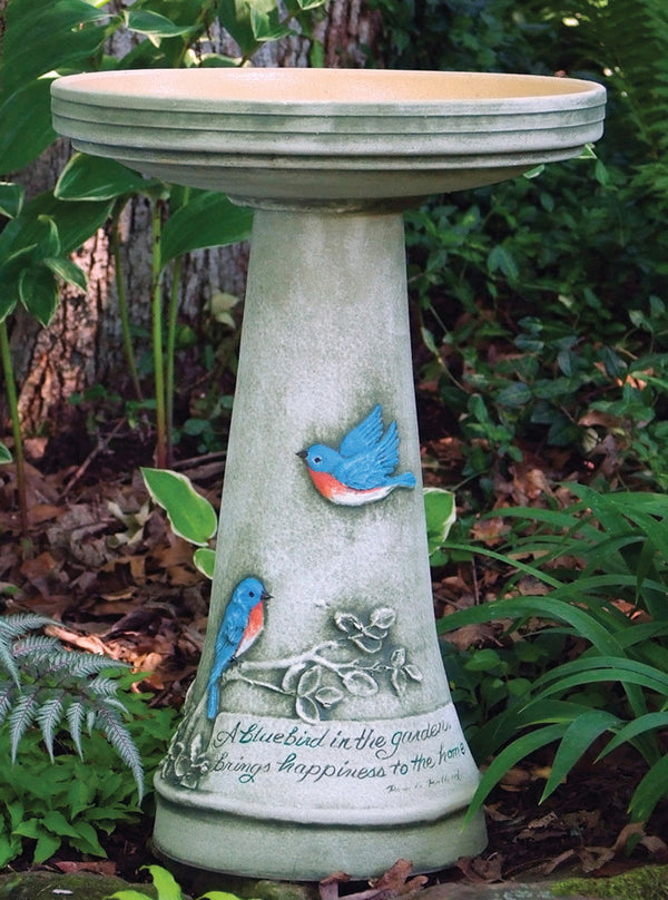 Our Bluebirds Handcrafted Clay Birdbath Set is beautifully handcrafted and painted in the USA