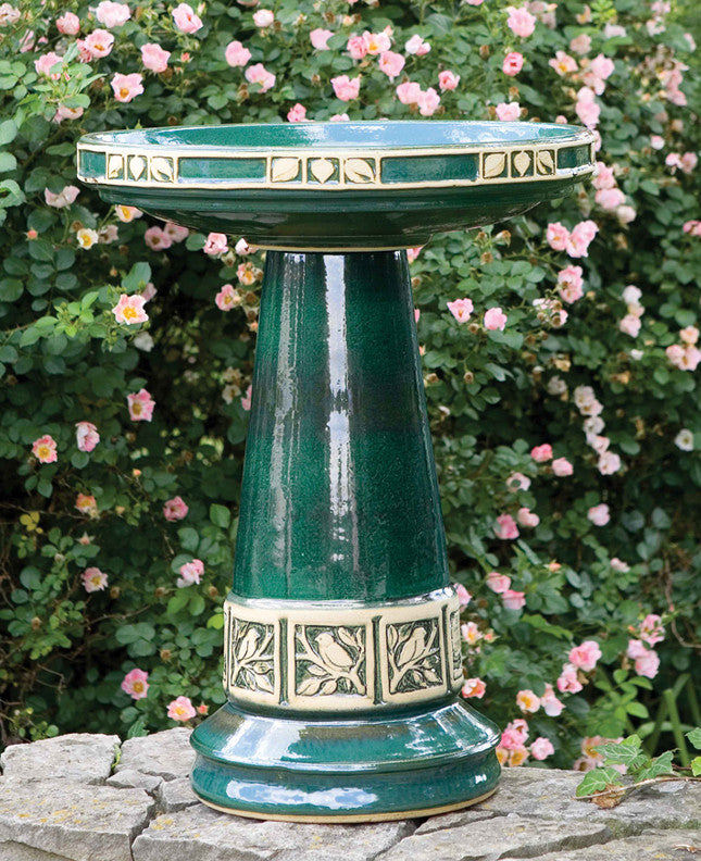 Juniper Green Gloss Glazed Ceramic Birdbath Set | Handcrafted beauty for your garden