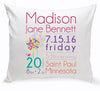 Our Baby Girl Birth Announcement Personalized Throw Pillow is an expressive way to announce the bird of a baby girl. This charming and colorful fabric baby girl throw pillow is sure to be an excellent addition for the home or nursery. What an exciting way to remember one of the most important days of your life! The pillow is 16” square with poly fiber insert with zip closure. The cover can be removed for easy machine washing when needed.