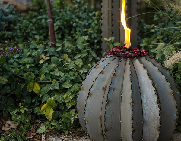 Our Barrel Cactus Metal Tiki Torch Yard Art Sculpture come in 2 sizes, small and large and they are handcrafted here in the USA and will provide exceptional beauty to enhance your garden zero maintenance required