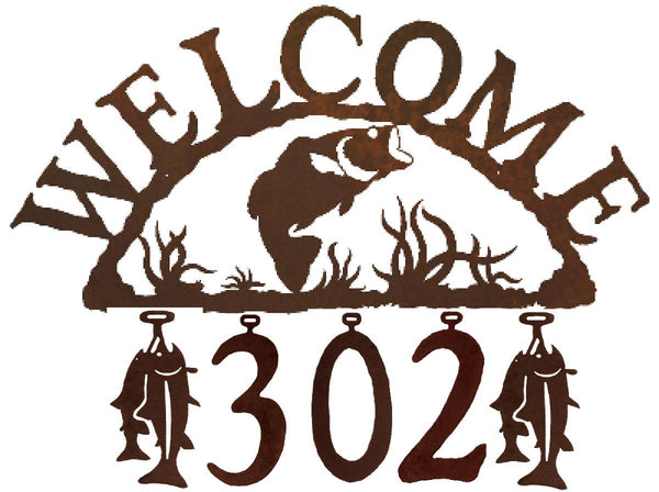 Our Bass Fish Handcrafted Metal Welcome Address Sign will be custom made for you and features 5 personalized numbers and or figures to create a sign that is especially for you