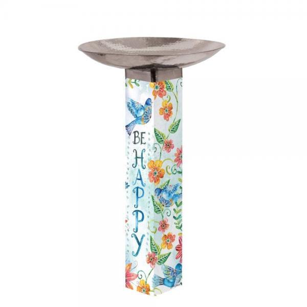 Our Be Happy Bluebirds Birdbath with Stainless Steel Bowl are Art Poles™ Birdbaths which are designed and manufactured here in the USA. The Art Poles™ base is made of durable, automotive grade PVC, and topped with a stainless steel birdbath bowl. It is easy to install, no digging required for installation and all hardware is included. The pole is 31” tall x 5” in deep, and the birdbath bowl is 18” in diameter. 