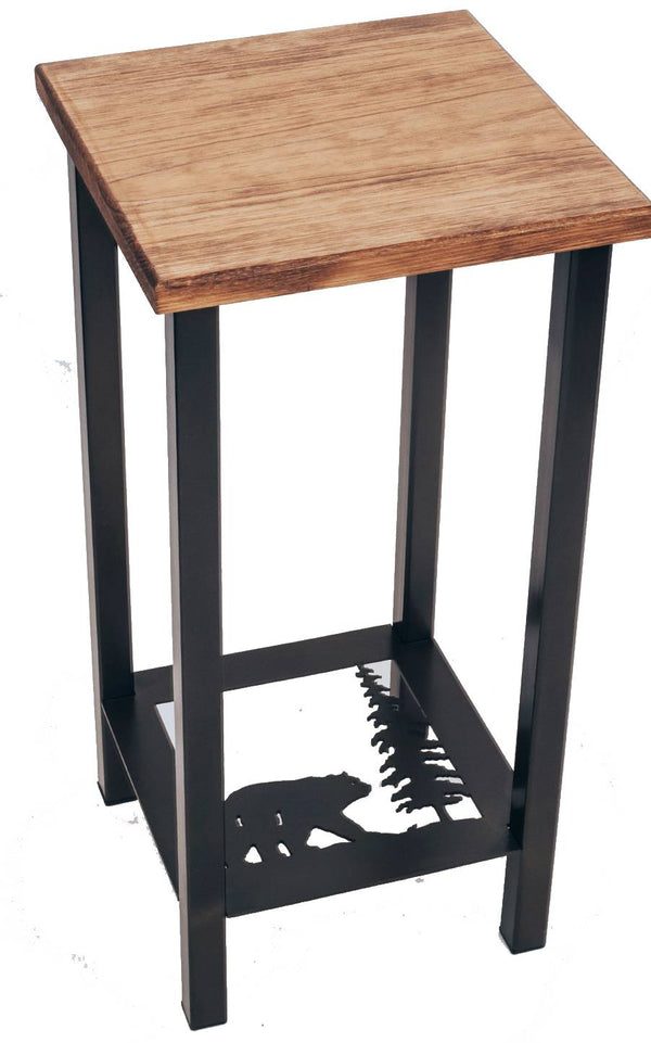 Our Bear and Feather Pine Tree Metal and Wood Side Table is custom made and is 11” square x 23” tall and great for any room in your rustic décor style home.