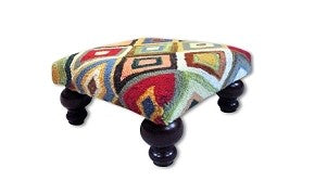 Our Bedazzled Diamonds Handcrafted Hooked Wool Footstool is 16” square and features a diamond pattern that is colorful and trendy will look strickingly beautiful in your home