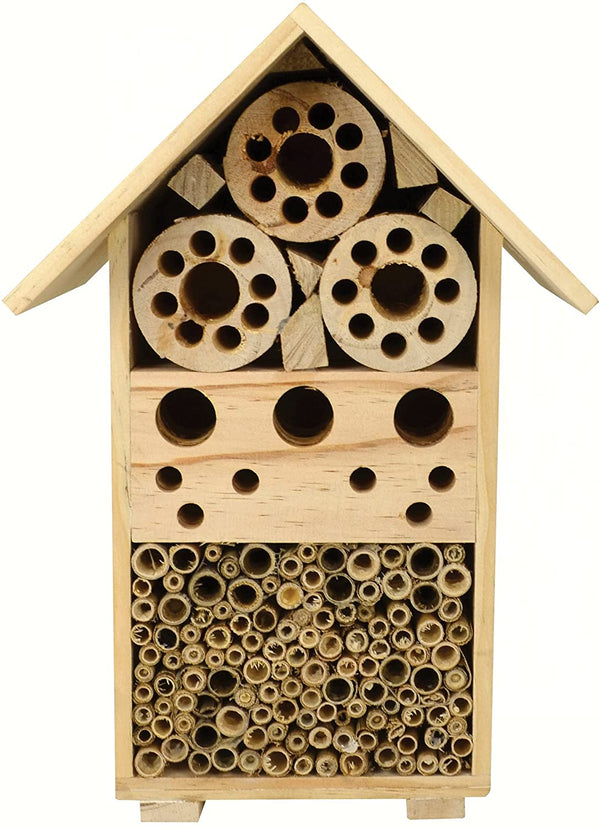 Beneficial Bee and Insect Hotel will Invite a variety of habitat dwellers into your garden to improve the health of your plants.  This roomy bug and insect hotel is made of wood and is 11” tall x  5.18” wide x 5” deep, with many different compartments and a multitude of hiding places for these beneficial bugs and insects to dwell. Shown without packaging.