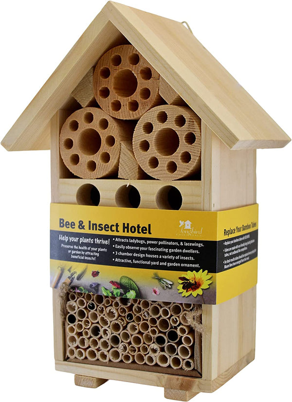 Beneficial Bee and Insect Hotel will Invite a variety of habitat dwellers into your garden to improve the health of your plants.  This roomy bug and insect hotel is made of wood and is 11” tall x  5.18” wide x 5” deep, with many different compartments and a multitude of hiding places for these beneficial bugs and insects to dwell. Shown with packaging.