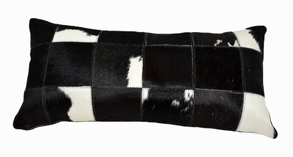 Black and White Cloudy Cowhide Patchwork Lumbar Pillow is 20” long x 12” tall and features an assortment of black and white cloudy cowhide colors … all patchworked together to make a decorative pillow.