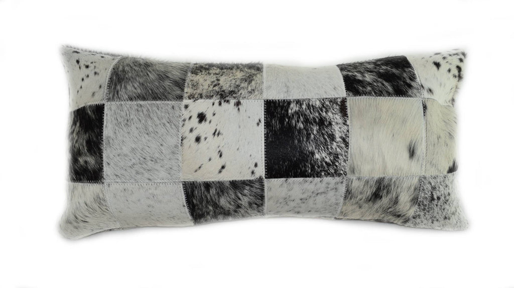 Our Black and White Salt and Pepper Cowhide Patchwork Lumbar Pillow is 20” long x 12” tall and features an assortment black and white salt and pepper cowhide colors… all patchworked together to make a decorative pillow.