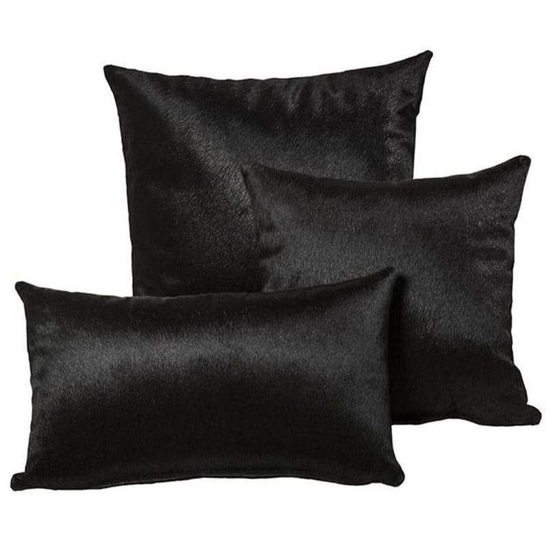 Our Black Cowhide Reversible Throw Pillows With Down Filled Insert picture shows all three sizes. 22”x13” lumbar, 18” square and 22” square. Whether use them alone or together, they are beautiful accent pillows for any room in your home