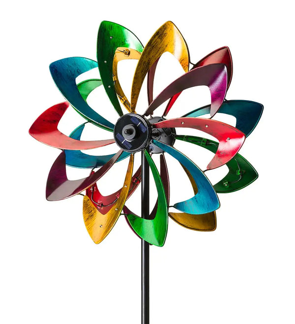 Our Blades of Color Solar Lighted LED Bi-Directional Kinetic Wind Spinner is a bi-directional wind accent which features embedded wind powered LED lights that will soak up the sun during the day and light up the night when darkness settles in. This unique wind spinner for your garden features two durable painted heavy metal bi-directional rotor blades that independently rotate, enabling them to catch a breeze and begin the mesmerizing display of motion. Overall size is 75" Tall x 20" Wide.