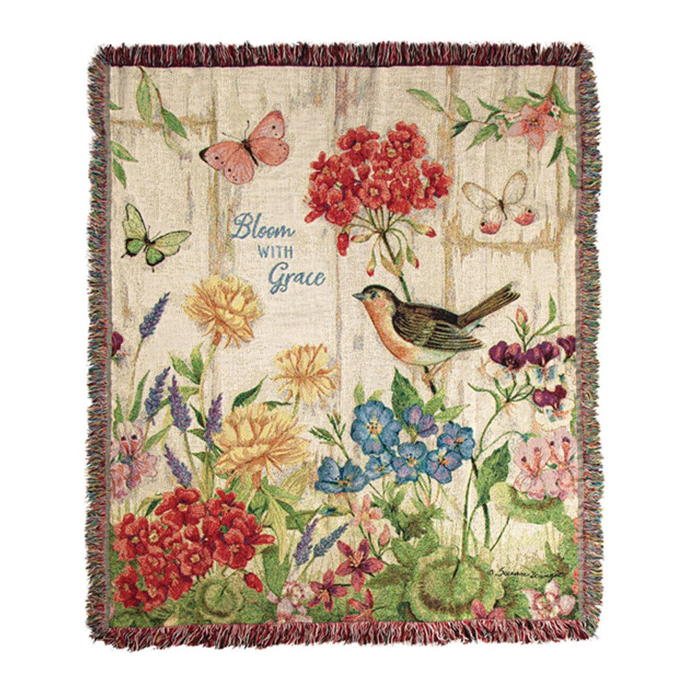 Our heirloom-quality Bloom With Grace Flowers and Birds Tapestry Throw has been made and woven in the USA and very colorful and features an array of flowers, butterflies and one lone bird, we believe is chirping to the flowers to Bloom With Grace. It is 50”x60” in size