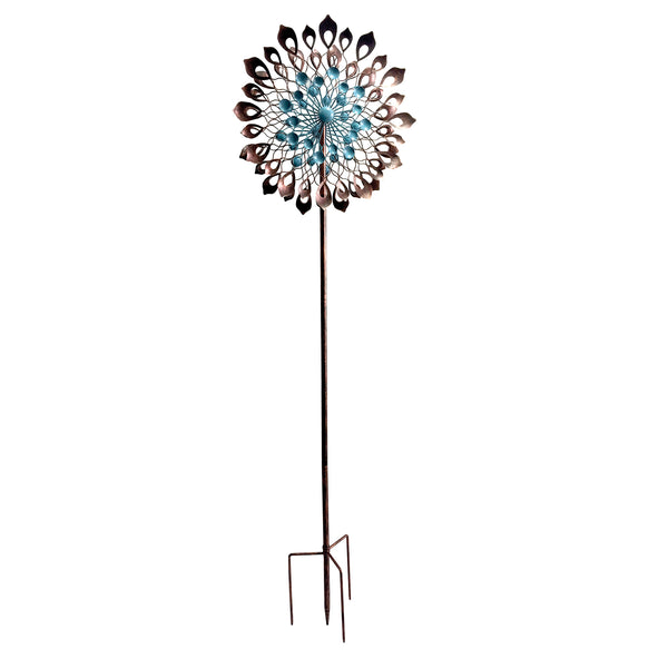 Our Blooming Dahlia Kinetic Wind Spinner features beautiful aqua blue and copper colors that spin and twirl and create a motion of beauty.  This unique wind spinner for your garden features two heavy metal bi-directional rotor blades (front and back) that independently rotate, enabling them to catch a breeze and begin the mesmerizing display of motion. Overall size is 84" Tall x 24" Wide