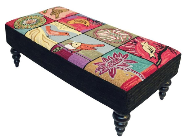 Colorful and beautiful is this Blooming Birds Handcrafted Hooked Wool Bench